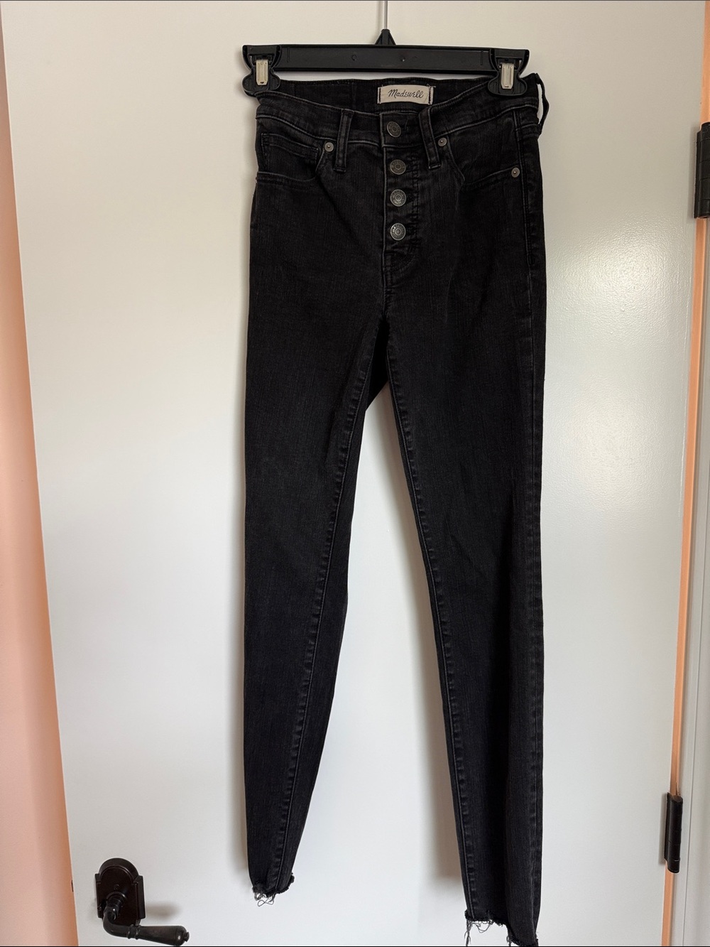 Madewell Faded Distressed Black High-Rise 9” Skinny Jeans with Button Fly
